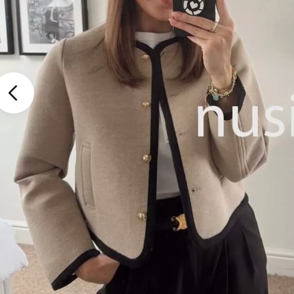 ZARA NEW WOMEN'S SHORT JACKET WITH BLACK PIPING BEIGE SIZE L